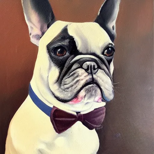 Image similar to oil painting of a french bulldog wearing businessman attire