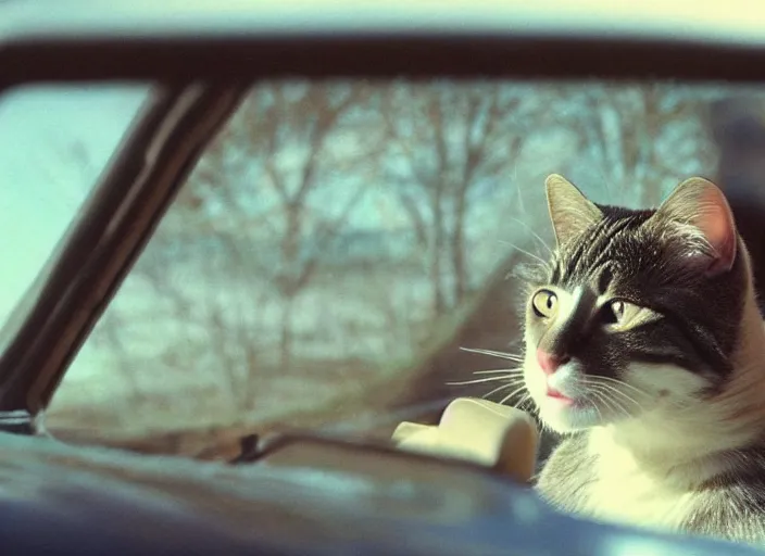 Image similar to A very high resolution image from a new movie, a cat driving a car around, inside of a car , mountains, Polaroid, directed by wes anderson