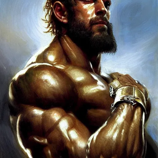 Image similar to handsome portrait of a spartan guy bodybuilder posing, radiant light, caustics, war hero, metal gear solid, by gaston bussiere, steel ball run cover art