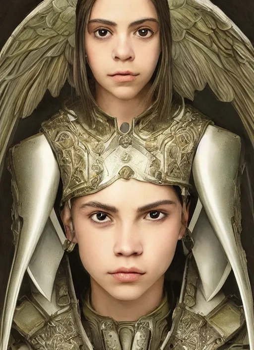 Prompt: a professional portrait of a beautiful young Serafim angel, clothed in ethereal battle armor, olive skin, long dark hair, beautiful bone structure, symmetrical facial features, intricate, elegant, digital painting, concept art, smooth, sharp focus, finely detailed, illustration, from Valerian and the City of a Thousand Planets, in the style of Ruan Jia and Mandy Jurgens and Artgerm and Greg Rutkowski and William-Adolphe Bouguerea