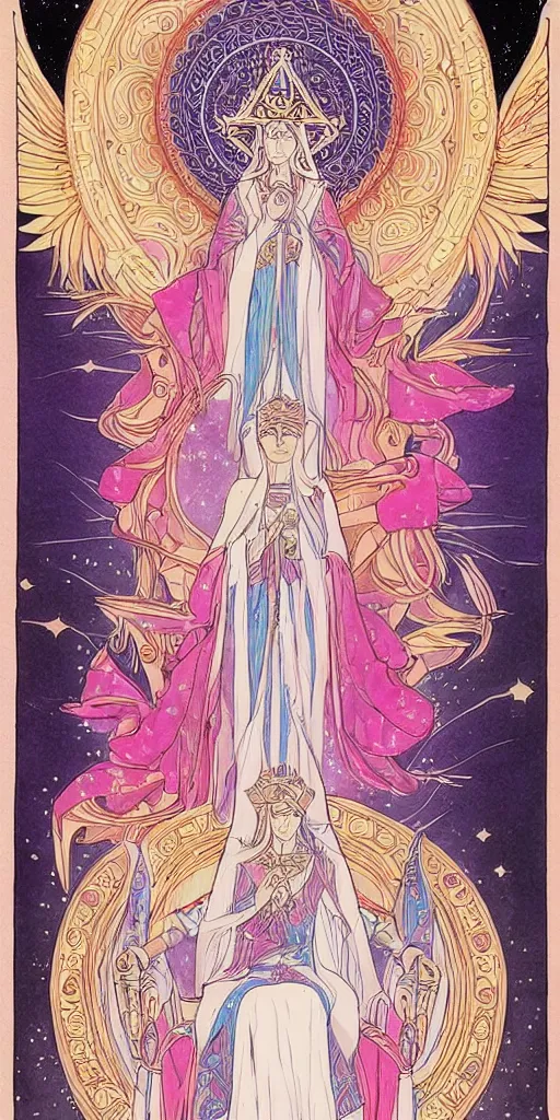 Image similar to a mystical woman priestess sitting on a throne, the divine feminine, drawn by studio UFOTABLE, fine line work, pastel colors, Tarot cards