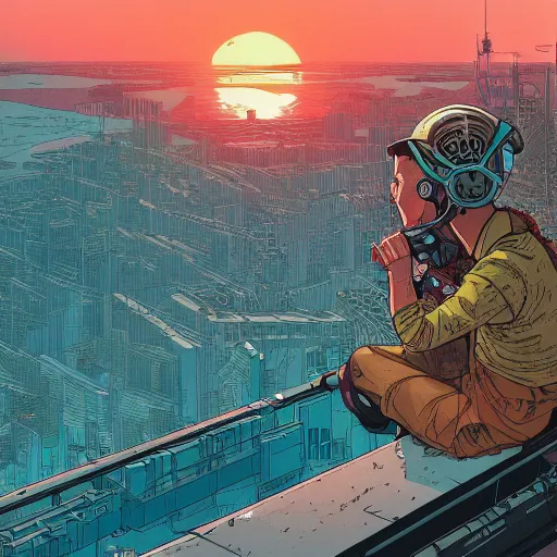 Image similar to hyper detailed comic illustration of a young explorer wearing a cyberpunk headpiece watching the sunset in the distance, by Josan Gonzalez and Geof Darrow, highly detailed, 8k wallpaper