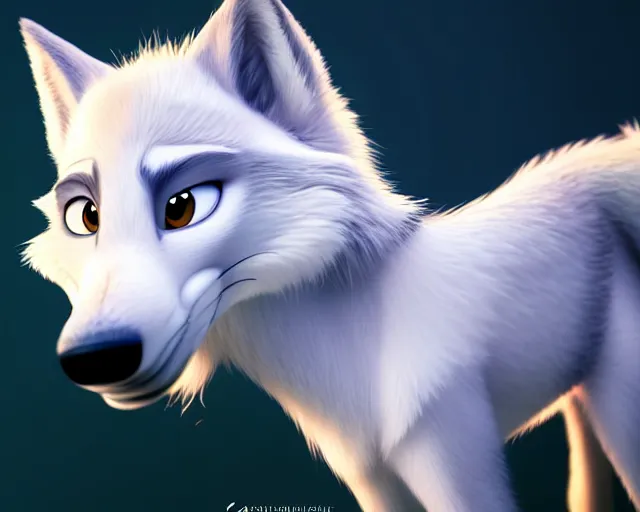 Prompt: portrait of cute white wolf in the style of zootopia, volumetric light, artstation, concept art, 8 k, high detail, perfect