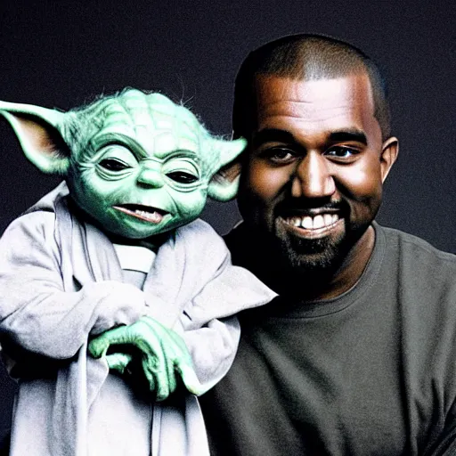 Prompt: kanye west smiling and holding holding yoda for a 1 9 9 0 s sitcom tv show, studio photograph, portrait