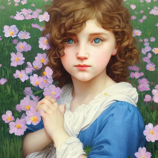 Prompt: a painting of a little girl with short wavy curly light brown hair and blue eyes, sitting in a field of flowers. beautiful detailed face line art by ilya kuvshinov and raymond swanland and bouguereau