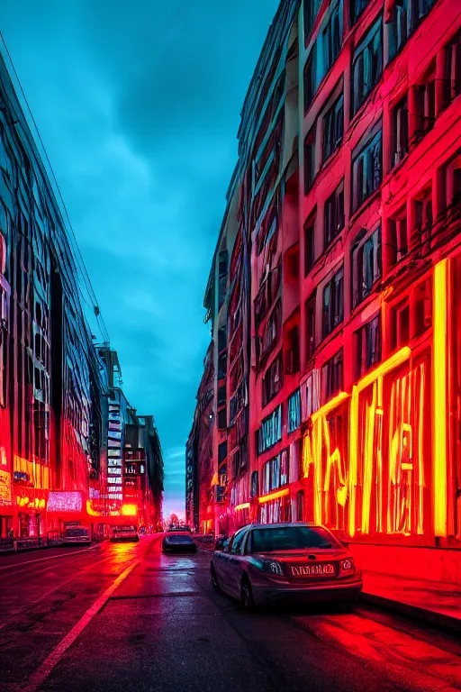 Prompt: neon streets of berlin, 4 k, award winning photo