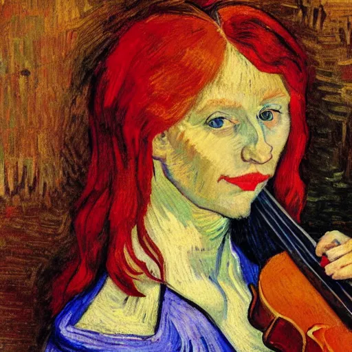 Prompt: woman with red hair red dress at the center of the stage playing redwood violin, artistic, renaissance, soft, detailed, vincent van gogh, greg rutowski, michaelangelo, artwork of the century, precision