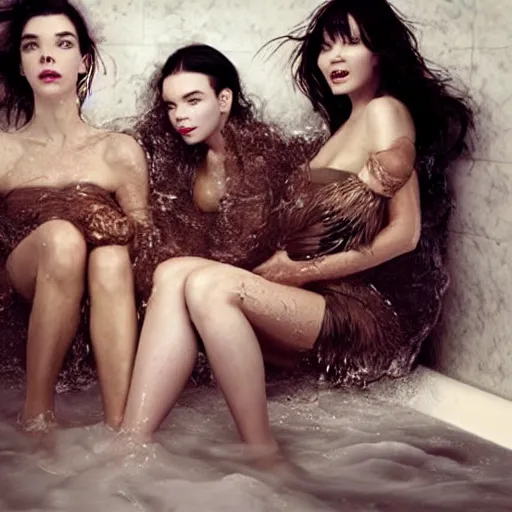 Prompt: stunning vogue magazine photo of dark - haired goddesses vanessa kirby, hailee steinfeld, and bjork smiling, legs intertwined, in a bubble bath, with wet faces!!, wet lips, smooth skin, perfect eyes, insanely detailed, elegant, by wlop, rutkowski, livia prima, mucha, wlop,