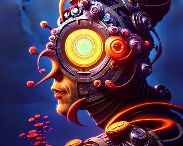 Prompt: a headshot of a ninja offset in the frame, surrounded by fractals, mandalas, cherry blossoms, hadron collider technology, metal gears, swirling bioluminescent energy, art by peter mohrbacher and dan mumford, 8 k octane render, hyperrealistic, zbrush, cinema 4 d