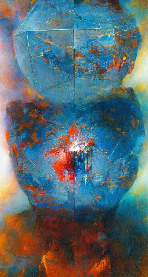 Prompt: a gigantic glowing crystal tesseract orb, high detailed beksinski painting, part by adrian ghenie and gerhard richter. masterpiece, deep colours, blue