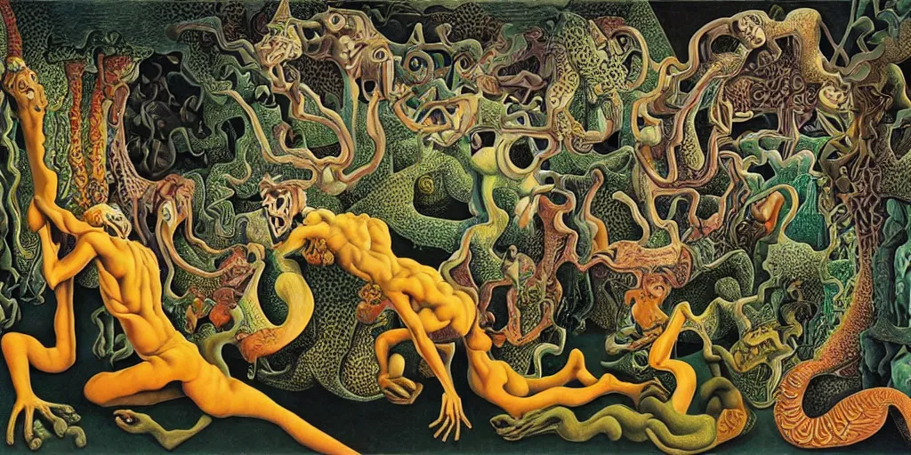 Image similar to basilisk, pain, pleasure, suffering, adventure, love, abstract oil painting by mc escher and salvador dali and raqib shaw