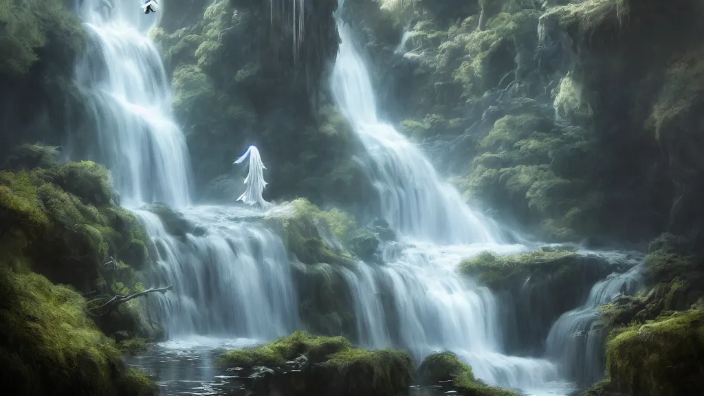 Prompt: a flying ghost!!! in a waterfall, medium shot, hyperdetailed, artstation, cgsociety, 8k