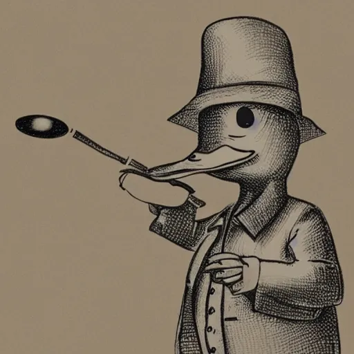 Prompt: anthropophic duck wearing a trenchcoat, wearing a fedora hat, holding a magnifying glass