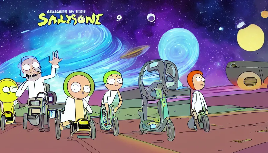 Image similar to galaxy, planets, civilization, e - scooter invasion, rick and morty style