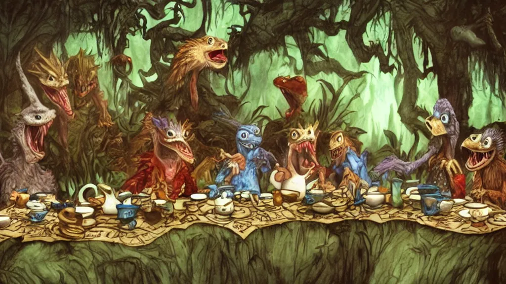 Prompt: A movie screenshot of Velociraptors (by Brian Froud) having tea with Alice in Wonderland, directed by Henry Selick and Tim Burton, claymation, cinematic, balanced composition, whimsical.