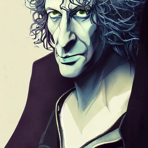 Image similar to closeup portrait of Neil Gaiman as The Sandman, pale skin, long black leather jacket, unruly hair, ambient lighting, 4k, anime key visual, lois van baarle, ilya kuvshinov, rossdraws, artstation