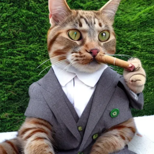 Image similar to cat wearing a suit smoking a cigar