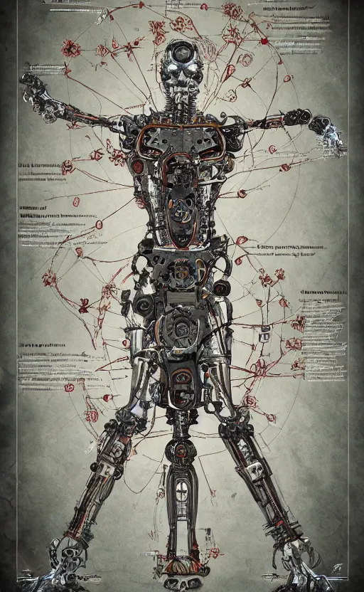 Image similar to anatomy of the vitruvian terminator, robot, cyborg, t 1 0 0, bloodborne diagrams, mystical, intricate ornamental tower floral flourishes, rule of thirds, technology meets fantasy, map, infographic, concept art, art station, style of wes anderson