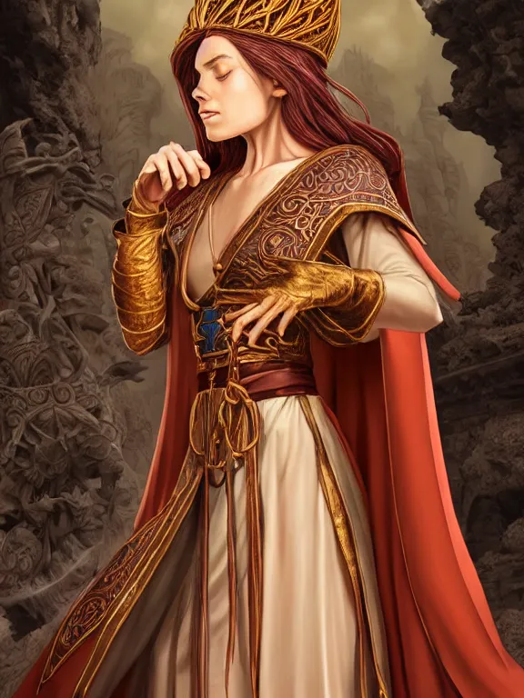 Prompt: sideview of a dnd young priestess in the ornamental stone temple, earth attuned, brown robes, skintight, cloak, beautiful, light brown skin, red hair, happy, metallic brass accessories, spellcasting, high fantasy, detailed face, highly detailed, 🍑 sharp focus, smooth, digital illustration, by clyde caldwell