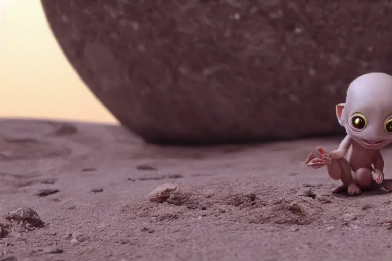 Prompt: vfx movie scene closeup adorable tiny little baby alien creature in moon desert eating a rock. by emmanuel lubezki