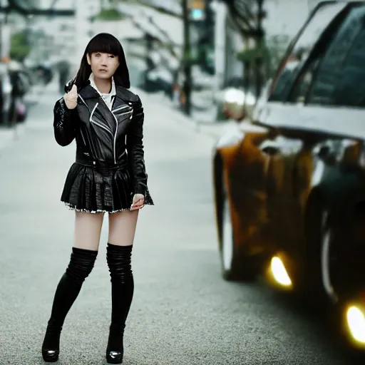 Image similar to a dynamic, epic cinematic 8K HD movie shot of a japanese beautiful cute young J-Pop idol actress yakuza rock star girl wearing leather jacket, miniskirt, nylon tights, high heels boots, gloves and jewelry. Motion, VFX, Inspirational arthouse, at Behance, with Instagram filters