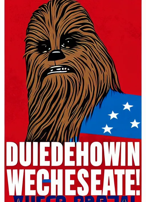 Image similar to chewbacca presidential election poster showing close up of chewbacca face red and blue duotone by sheperd fairey no text