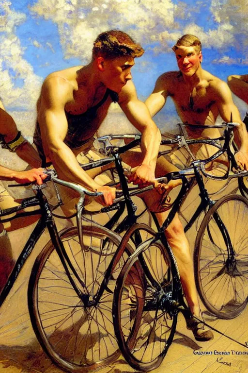 Image similar to handsome male cyclists, tour de france painting by gaston bussiere, craig mullins, j. c. leyendecker, tom of finland