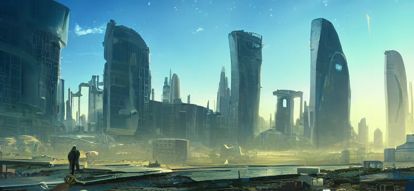 Prompt: gleaming sky city with solarpunk inspiration floating above the ruins of old earth a digital illustration trending on artstation, ray tracing on, unreal engine