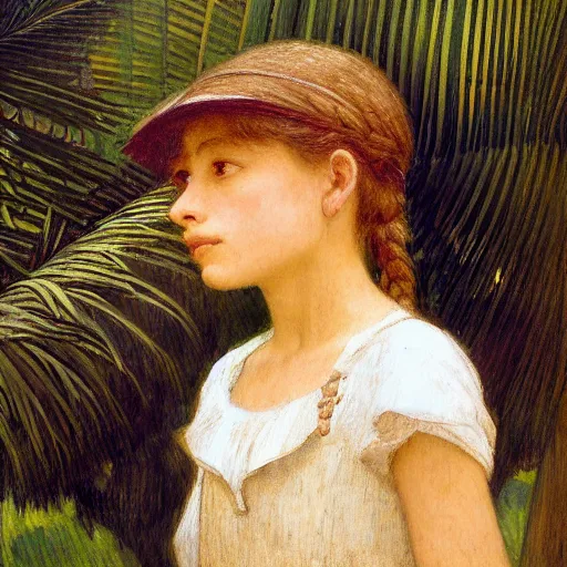 Image similar to a ultradetailed beautiful painting of a girl in the amazonas palace balustrade designed by jules bastien - lepage, hans belmer, frank weston and gustave baumann, beach, trending on artstation, mediterranean, palm trees, detailed face, sharp focus, soft light, 8 k 4 k