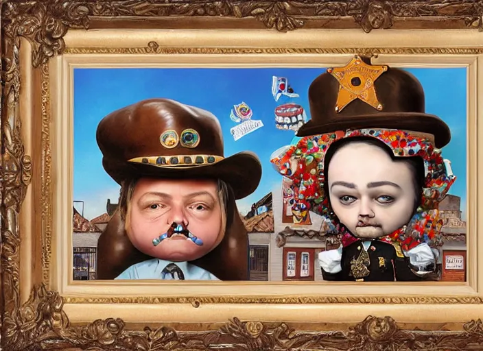 Prompt: the sheriff in the shape of a donut, lowbrow, matte painting, 3 - d highly detailed, in the style of mark ryden,