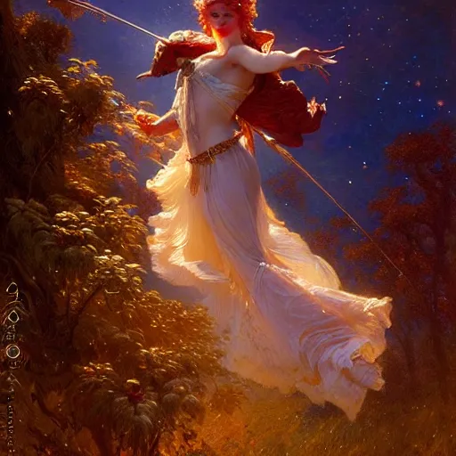 Image similar to attractive fairy queen fly high in the night, fantasy, full moon in background. hyper detailed painting by gaston bussiere, craig mullins, j. c. leyendecker, mid shot, 8 k, cryengone, cinematic lighting, beautiful,