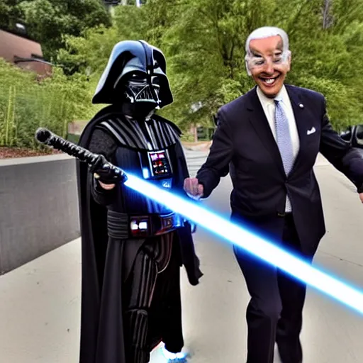 Prompt: Joe Biden dressed as Darth Vader holding a light sabre