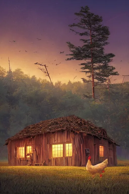 Image similar to an awesome twilight day concept art of old hut with chicken legs, by kengo kuma and wes anderson with village, mixed development, cgsociety, fantastic realism, artstation hq