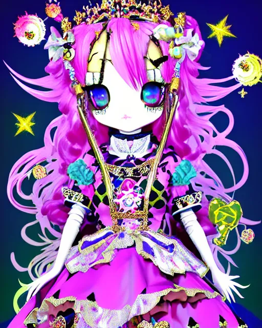 Image similar to baroque bedazzled gothic royalty frames surrounding a pixelsort emo demonic horrorcore japanese beautiful jester decora moe doll, low quality sharpened graphics, remastered chromatic aberration, detailed maximalist sanrio art