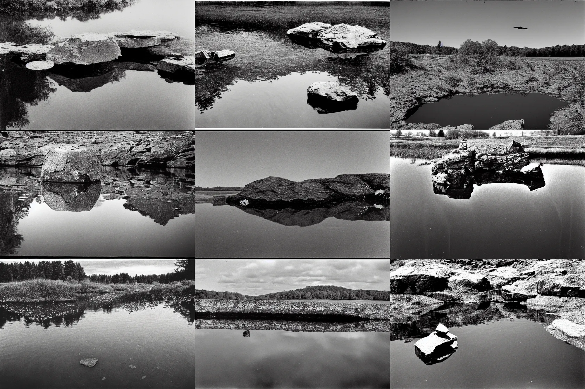 Prompt: rock reflecting in still pond with harrier jet flying overhead, film grain, 3 5 mm lens, government archive, declassified