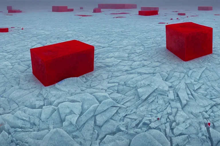 Prompt: a hd render of a surreal frozen landscape, cinematic lighting, by beeple and zdzisław beksinski, hovering red cube spilling blood