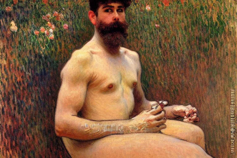 Image similar to attractive male, painting by gaston bussiere, claude monet, alphonse mucha, carl larsson