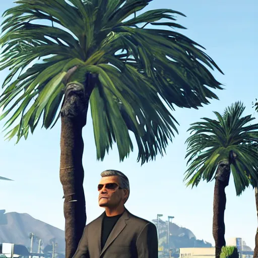 Image similar to george clooney in gta v. los santos in background, shallow depth of field, palm trees in the art style of stephen bliss