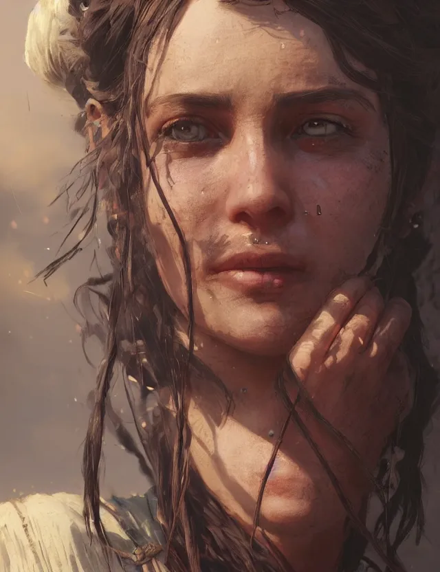 Prompt: close face portrait of a beautiful young female merchant red dead redemption 2 concept art, art by ryo shiotani and greg rutkowski, intricate, beautiful, cute, cinematic lighting, vintage art by serge ivanoff, high resolution, very detailed