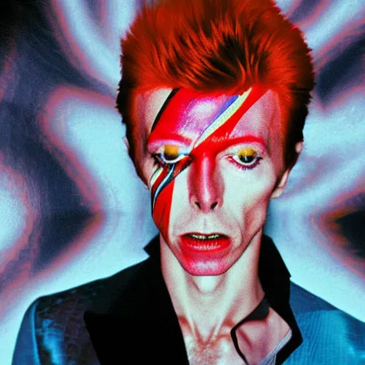 Image similar to 3 5 mm color photograph of david bowie tripping on lsd