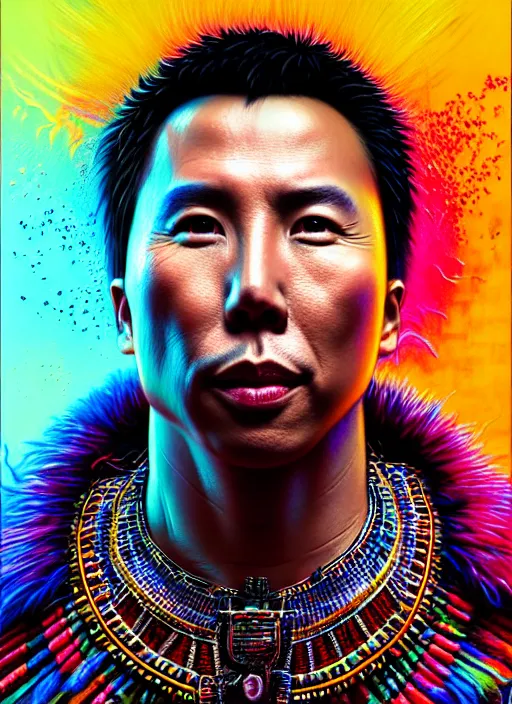 Image similar to portrait of donnie yen, hyper detailed ultra sharp aztec shaman warrior. trending on artstation, warpaint aesthetic, bloodwave, colorful, psychedelic, ornate, intricate, digital painting, concept art, smooth, sharp focus, illustration, art by artgerm and greg rutkowski and h. r. giger, 8 k