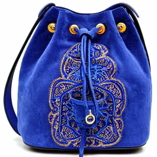 Image similar to a bucket bag made of blue suede. the bag is decorated with intricate golden paisley patterns. the handle of the bag is made of rubies and pearls.