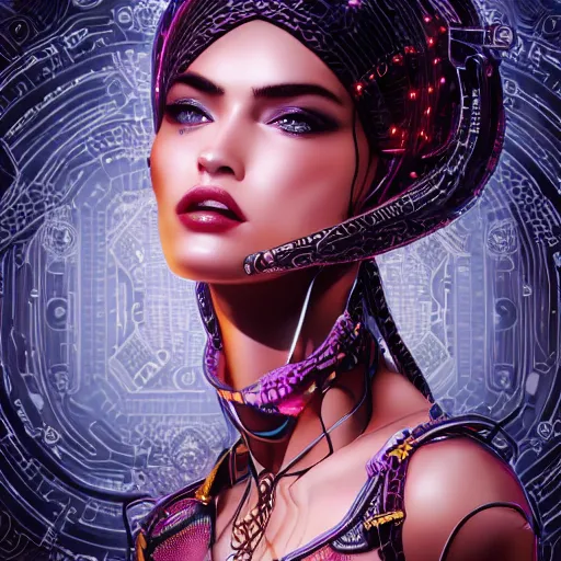 Image similar to the portrait of an absurdly elegant, sophisticated, fashionable ottomanpunk robotess idol, an ultrafine illustration of young african megan fox mix by kim jisu, intricate linework, neon wiring, fashion, porcelain skin, unreal engine 5 highly rendered, global illumination, radiant light, detailed and intricate environment, by rutkowski, artgerm, marvel comics