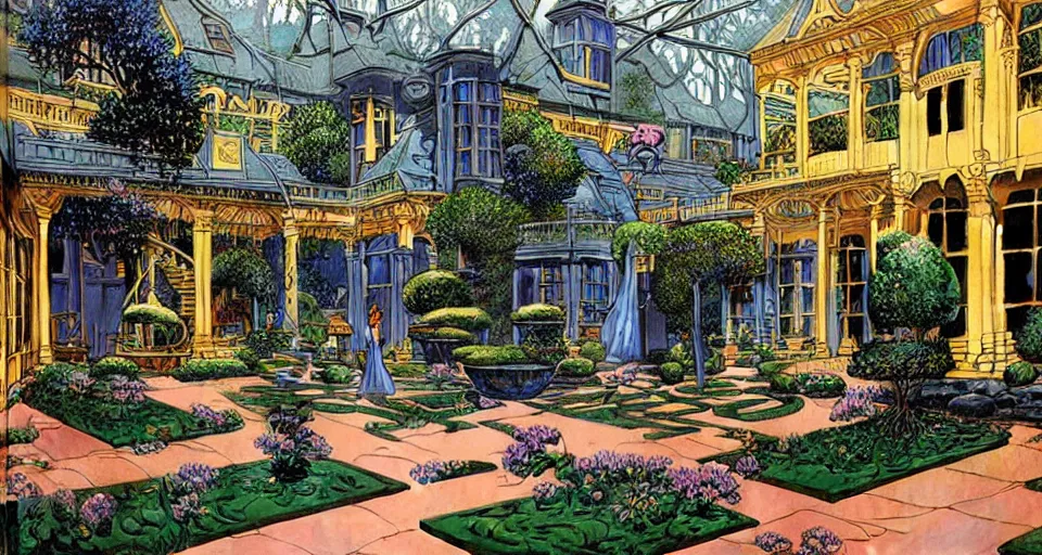 Image similar to a luxurious scifi futuristic victorian garden courtyard by robert mccall, moebius