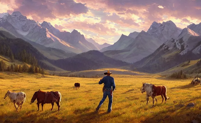 Image similar to handsome cowboy wearing blue jeans and a Levis sherpa jacket in a ranch somewhere in Montana walking during the soft evening light with mountains in the horizon, trending on artstation, 8k, highly detailed, warm lighting, concept art, illustration, art by artgerm and greg rutkowski and alphonse mucha