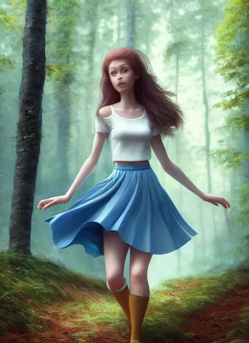 Prompt: young woman walking short blue skirt : : magic raining forest nature : : weta disney pixar movie still photo : : decadent highly - detailed digital painting, full length shot, golden ratio, octane render, artstation, smooth, sharp focus, artgerm, mucha, loish, wlop, gogo