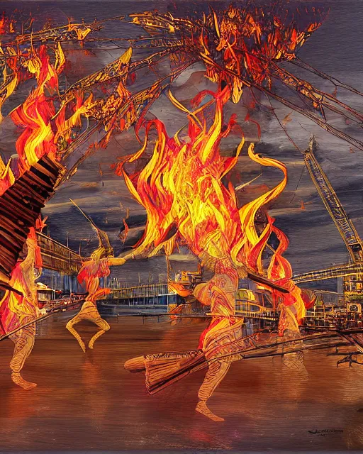 Image similar to the instrument pipa is used as firewood, burning cranes danced in the air, digital painting, concept art