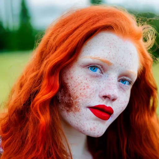 Image similar to close up hald face portrait photograph of a redhead woman with stars in her irises, deep red lipstick and freckles. Wavy long hair. she looks directly at the camera. Slightly open mouth, face covers half of the frame, with a park visible in the background. 135mm nikon. Intricate. Very detailed 8k. Sharp. Cinematic post-processing. Award winning portrait photography