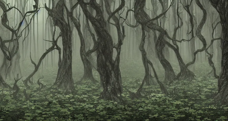 Prompt: A dense and dark enchanted forest with a swamp, by schizophrenia patient