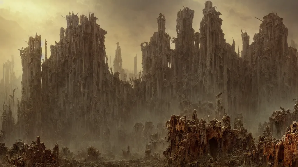Prompt: An intricate digital matte painting of the ruins of a demonic kingdom scattered across a vast horrific landscape by marc simonetti and zdzislaw beksinski, giant thorns, dead trees, sharp rock formations, 8k, highly detailed cinematic concept art, cinematic lighting, trending on artstation, dark harrowing atmosphere